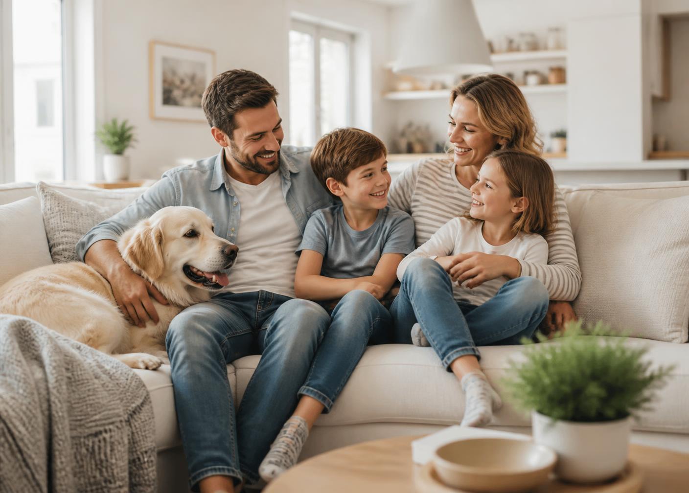 Family relaxing together in a bright, clean living room