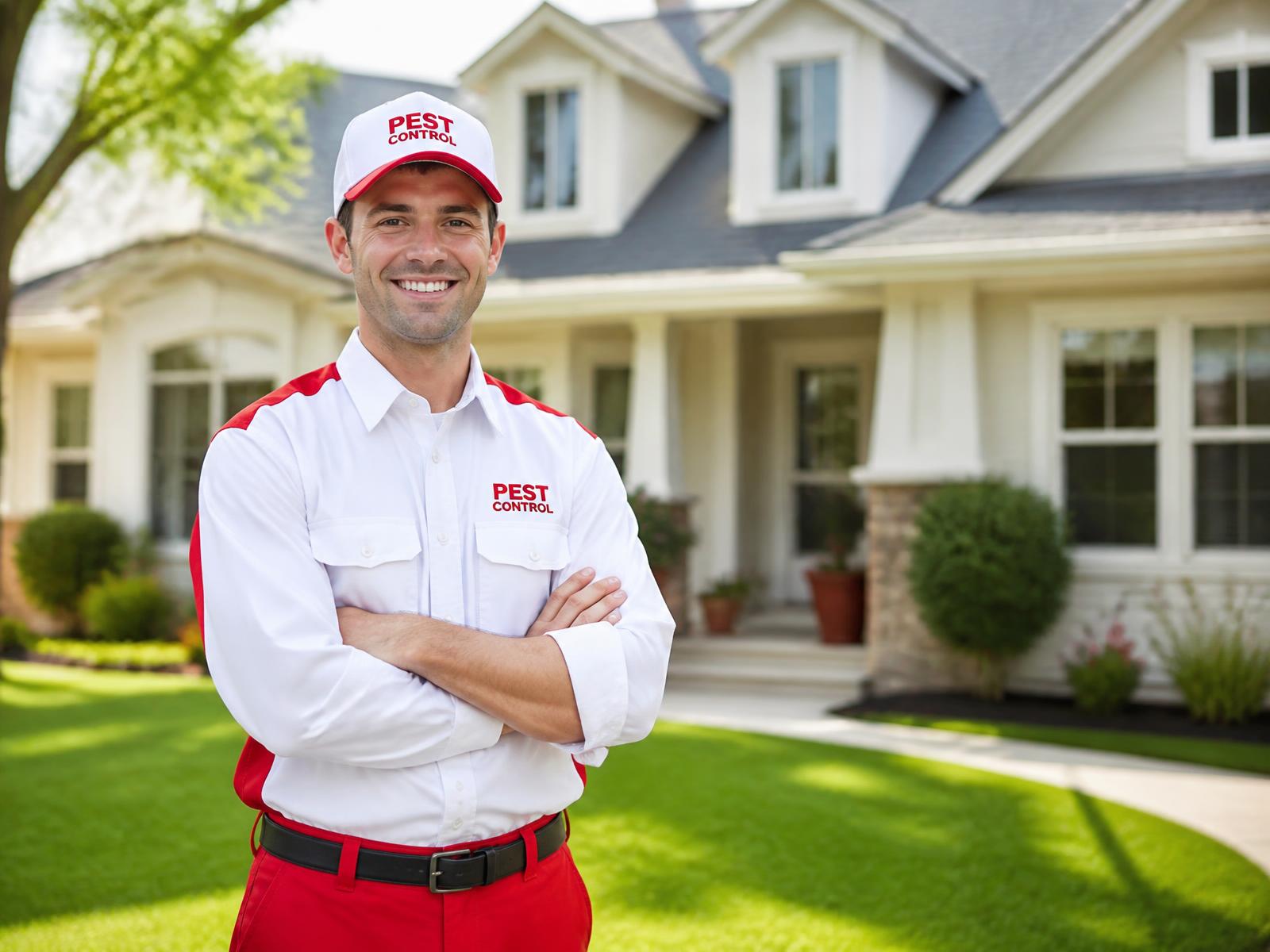 FixHatch pest control technician in uniform outside a suburban family home